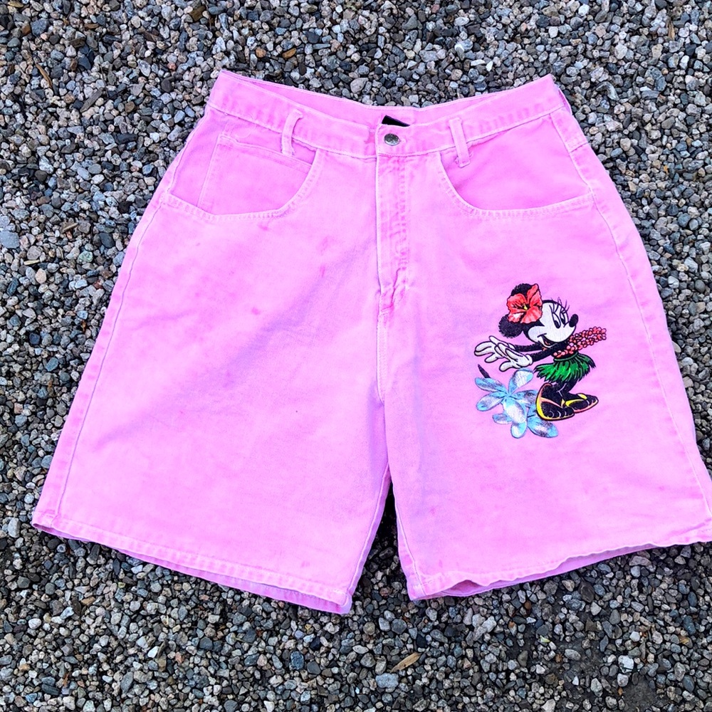 VTG ‘Disney 80s Aloha Pink Minnie Mouse High Waisted Denim ShortsSZ S-M, RARE